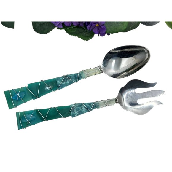 Handcrafted Stainless Steel Salad Server Set With Unique Glass Wrapped Handles - Picture 3 of 13